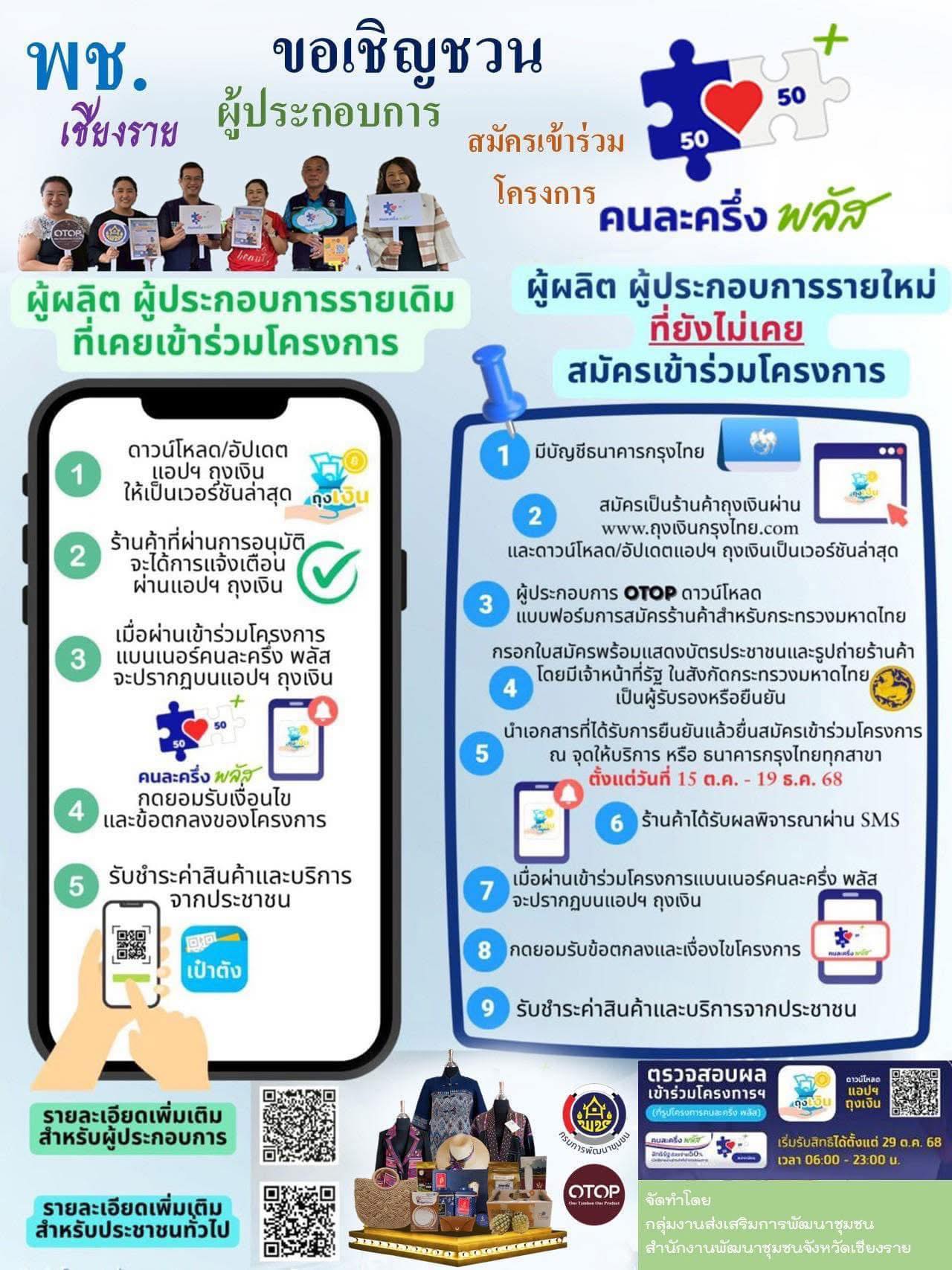 สำนักงานพัฒนาชุมชนอำเภอแม่สรวย ขอเชิญชวน ผู้ประกอบการร้านค้าที่สนใจเข้าร่วมโครงการคนละครึ่งพลัส เริ่มลงทะเบียนได้แล้ววันนี้ - 19 ธ.ค.68